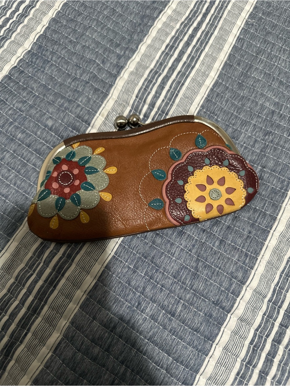 Fossil Brown Leather Floral Appliqué Coin Purse with Teal and Yellow Accents